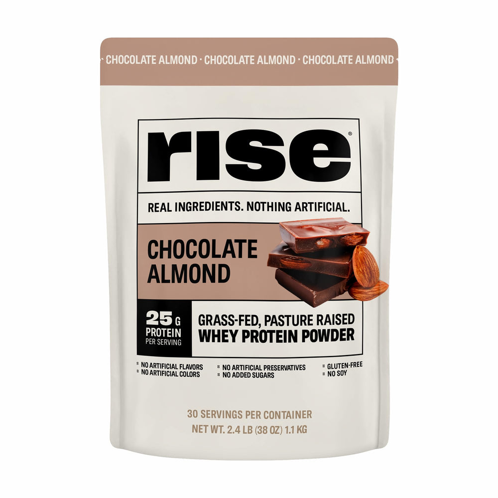 Rise Grass-Fed Whey Protein Chocolate Almond tub for post-workout protein boost.