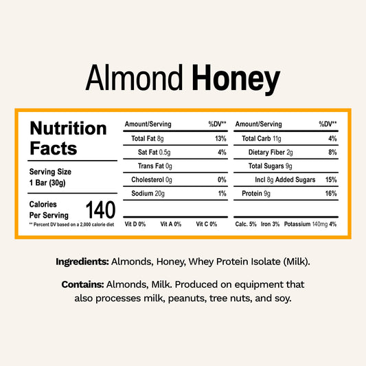 Rise Minis Almond Honey close-up highlights clean ingredients and creamy texture.