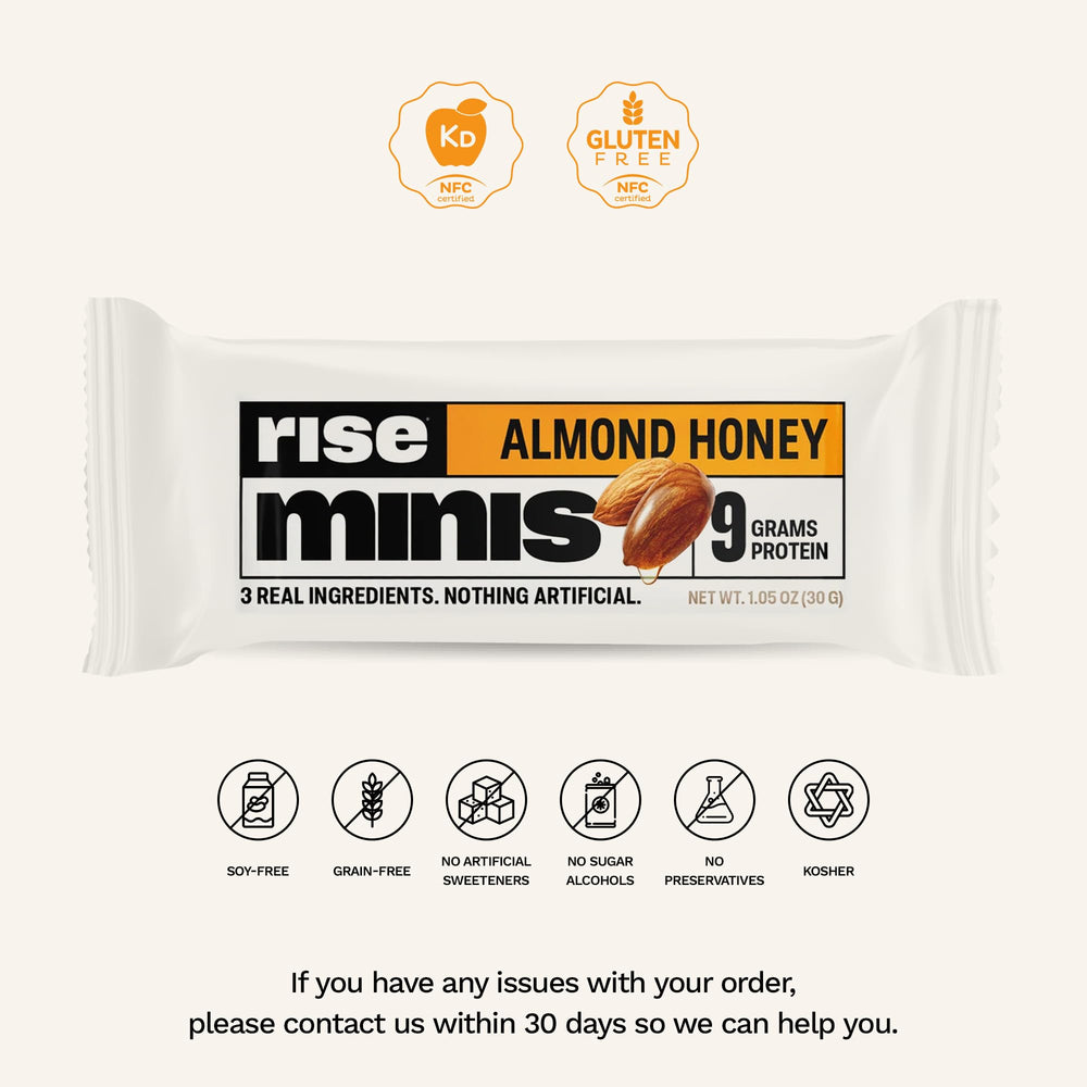 Rise Minis Almond Honey ingredients shot shows three whole-food components.