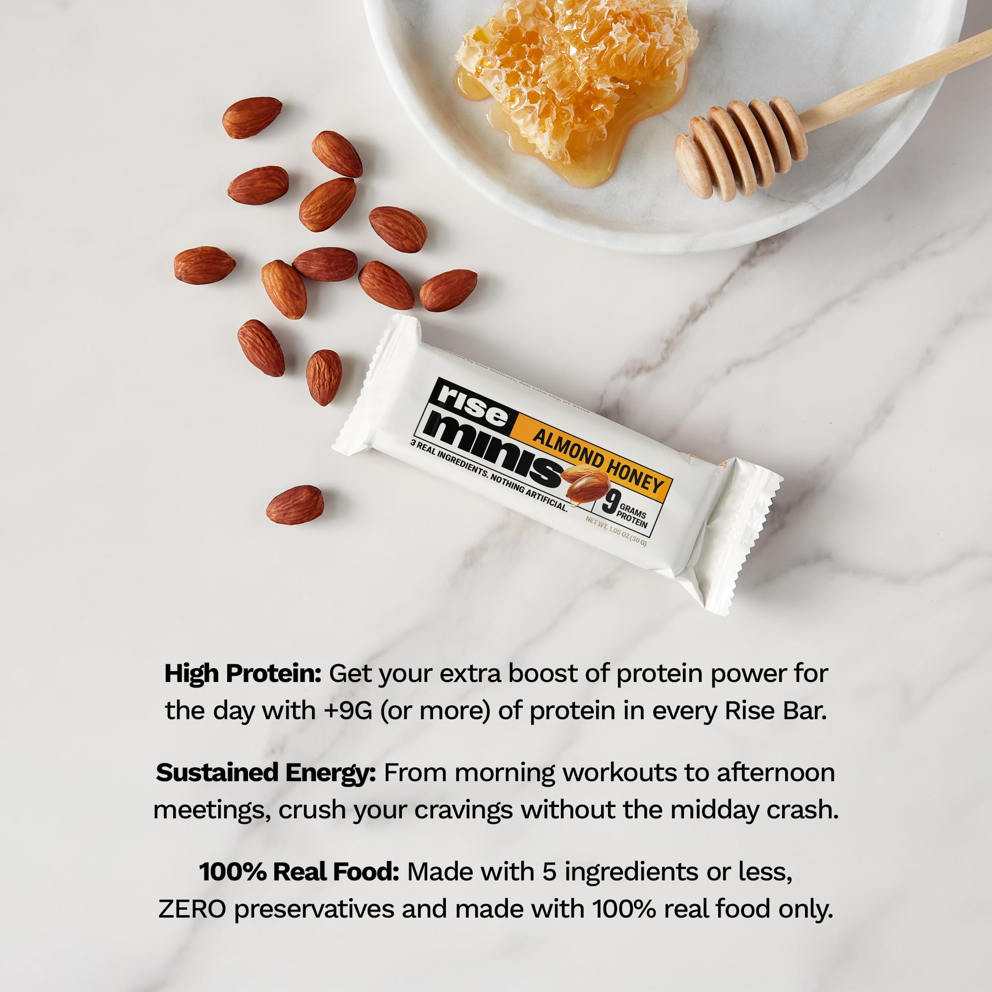 Rise Minis Almond Honey texture close-up reveals a smooth, creamy bite.