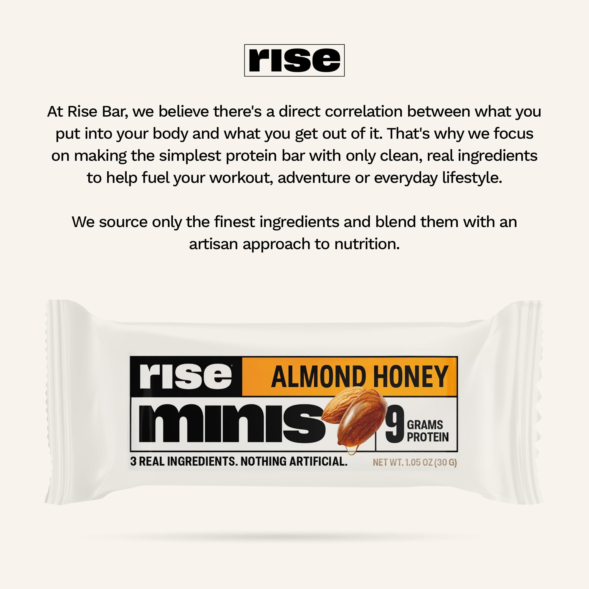 Rise Minis Almond Honey paired with coffee suggests quick, balanced energy.