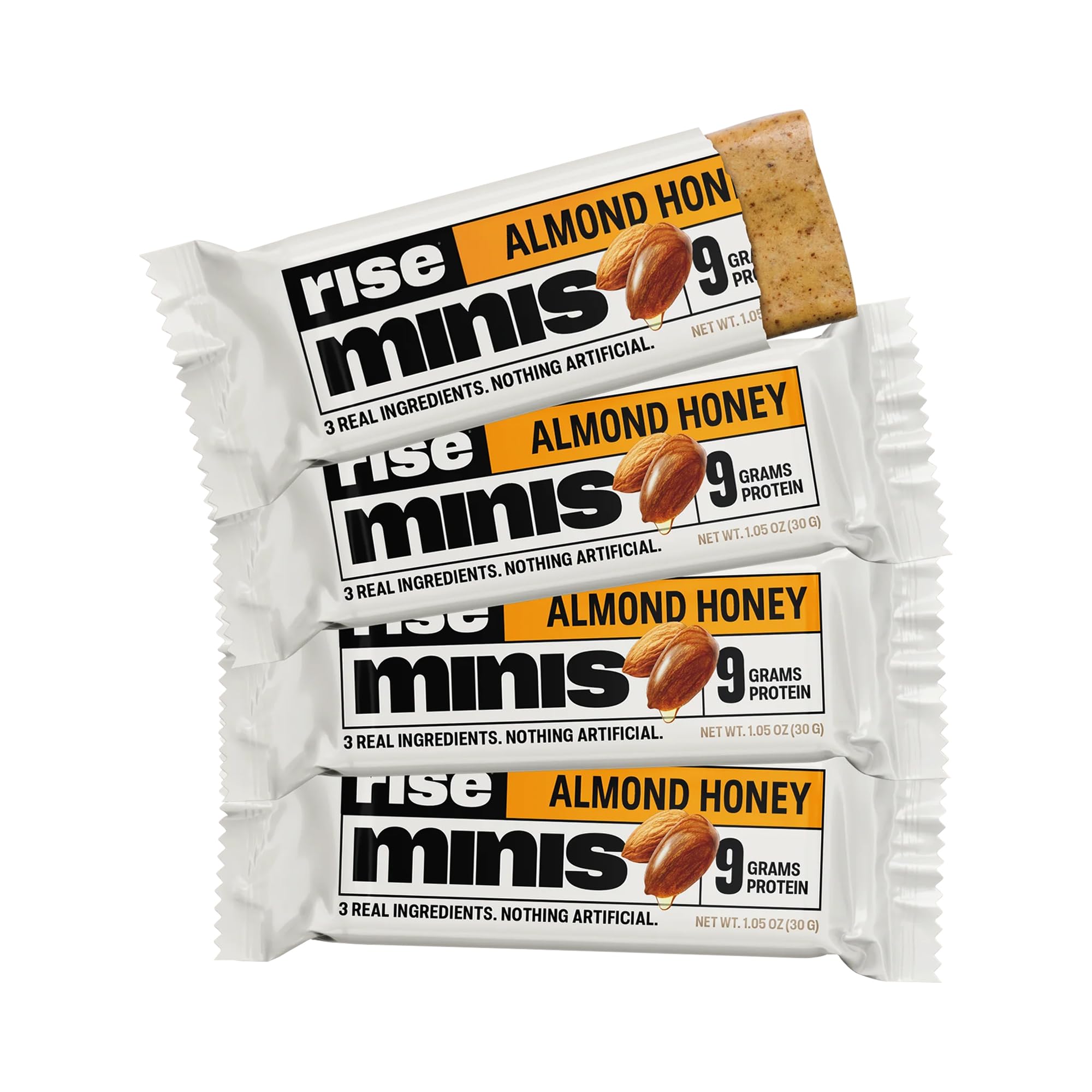 Rise Minis Almond Honey wrapped shows compact, travel-friendly protein option.