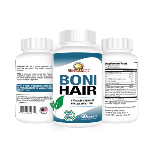 Close-up of Rise-N-Shine BoniHair catalase capsules