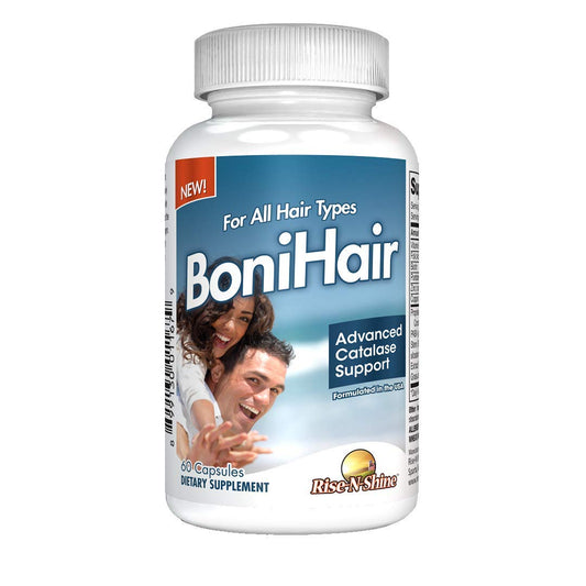 Rise-N-Shine BoniHair catalase label front highlighting ingredients for hair vitality.