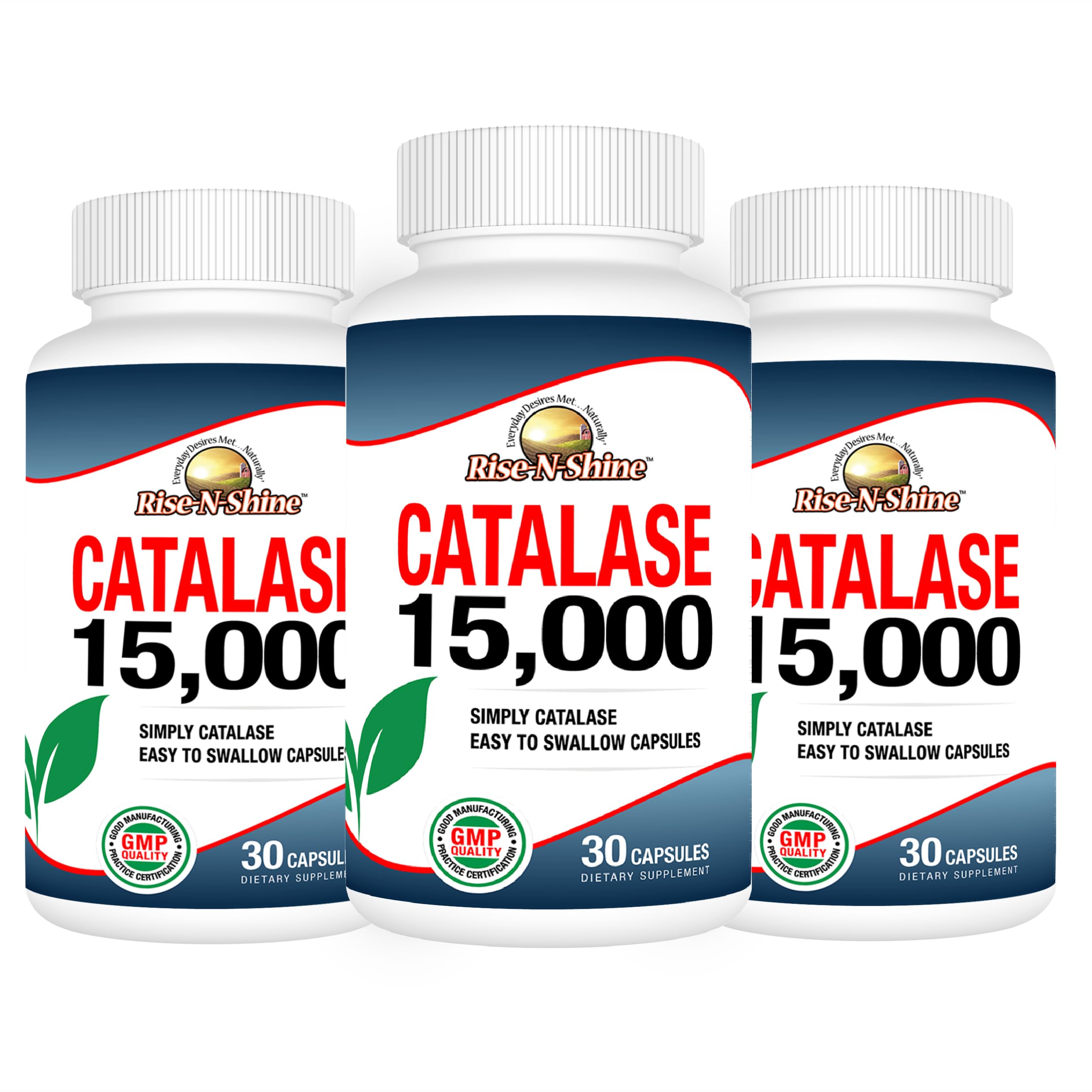 Rise-N-Shine catalase 15000 bottle label highlighting the antioxidant enzyme for hair health