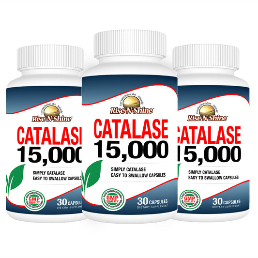 Rise-N-Shine catalase 15000 bottle label highlighting the antioxidant enzyme for hair health