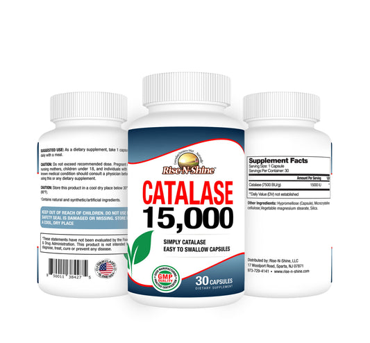 Rise-N-Shine catalase 15000 capsules pack showing a 90-day supply