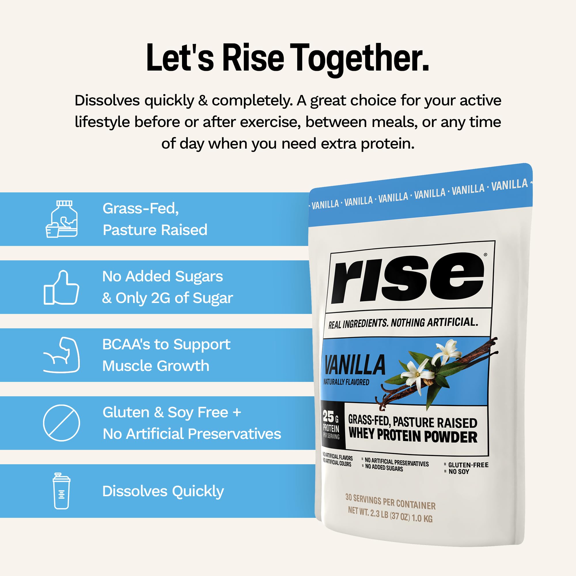 Rise powder dissolves easily in water for a seamless vanilla shake.