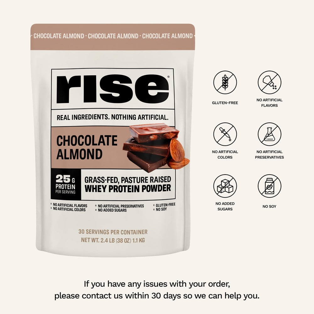 Rise Whey Protein scoop Chocolate Almond ready to mix quickly.