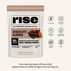 Rise Whey Protein scoop Chocolate Almond ready to mix quickly.