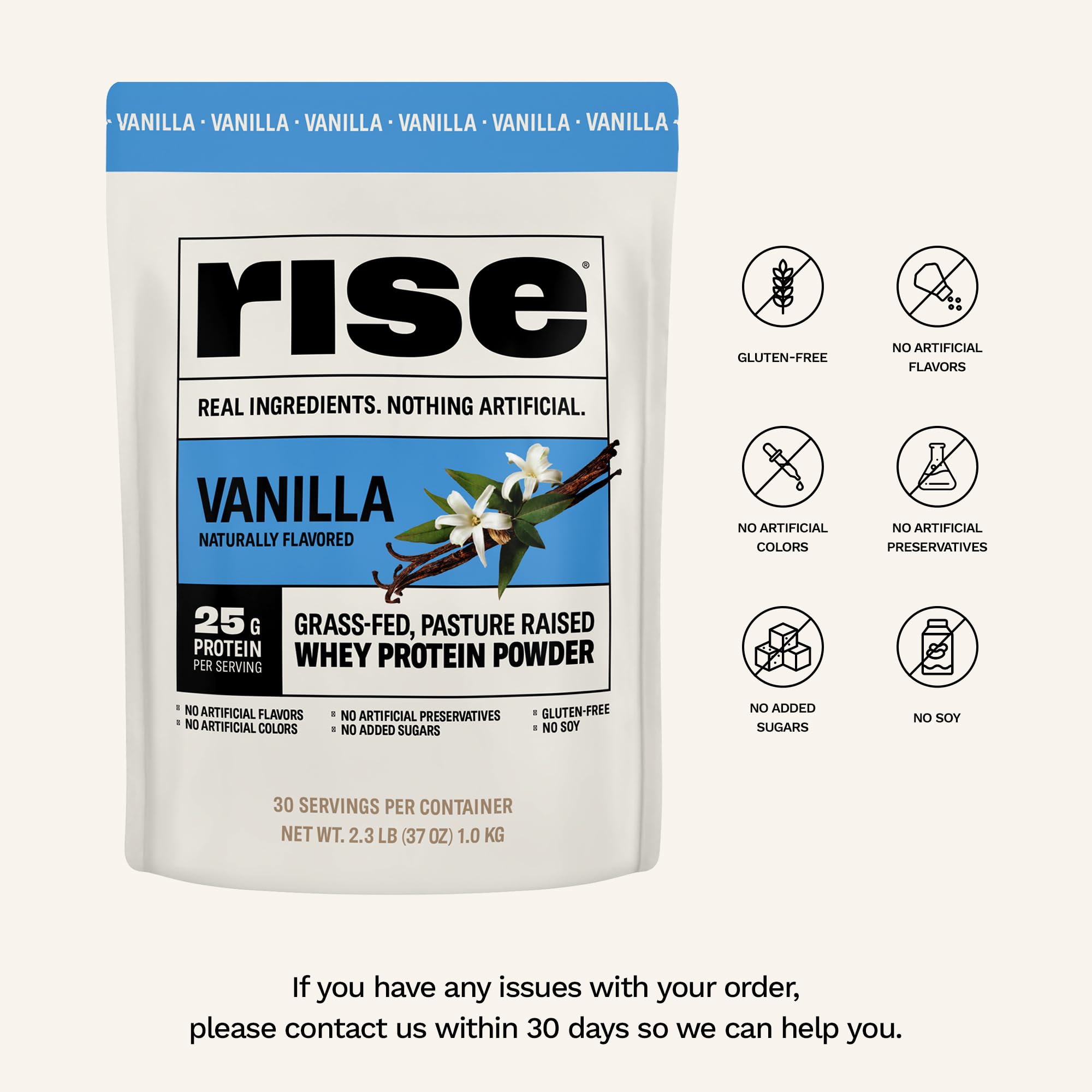 Rise whey protein scoop close-up for convenient serving around workouts.