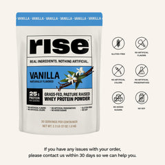 Rise whey protein scoop close-up for convenient serving around workouts.