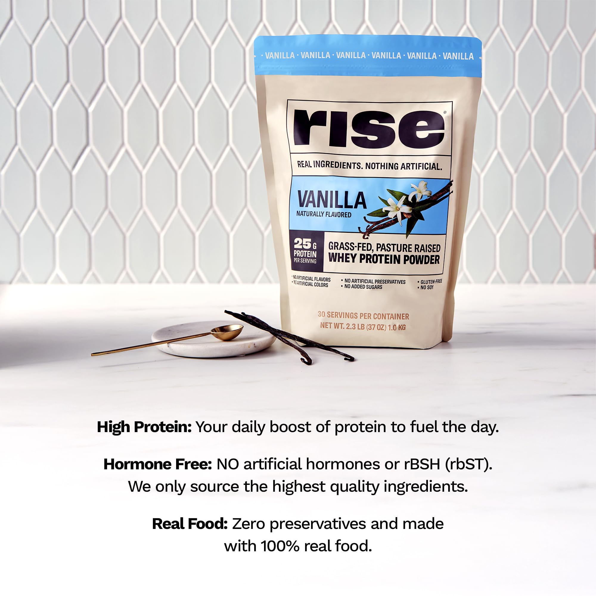 Rise whey protein shaker mixing a smooth vanilla shake.
