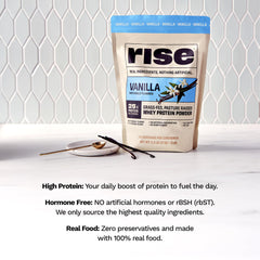 Rise whey protein shaker mixing a smooth vanilla shake.