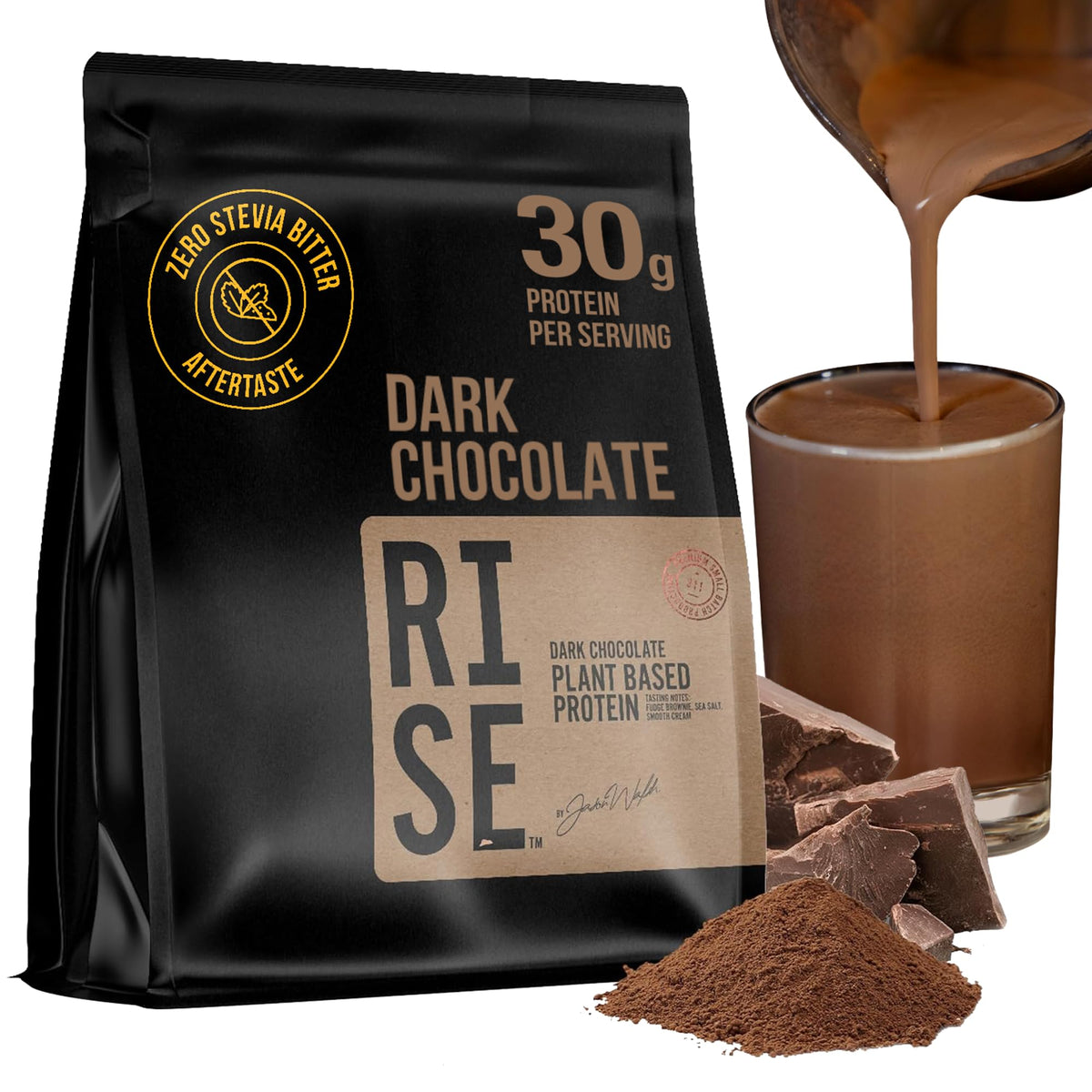 RISE311 dark chocolate protein powder jar close-up shows rich cocoa color and premium packaging for daily use.