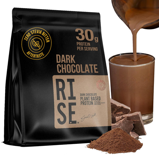 RISE311 dark chocolate protein powder jar close-up shows rich cocoa color and premium packaging for daily use.