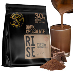 RISE311 dark chocolate protein powder jar close-up shows rich cocoa color and premium packaging for daily use.
