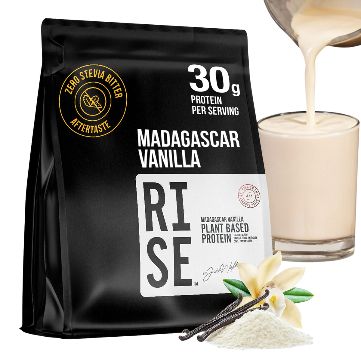 RISE311 plant-based protein tub front label highlights complete protein