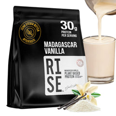RISE311 plant-based protein tub front label highlights complete protein