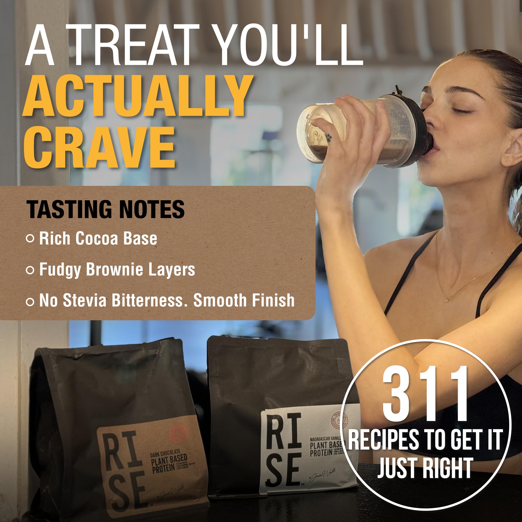 RISE311 zero-bloat digestion graphic emphasizing gentle protein from sprouted barley and pea.