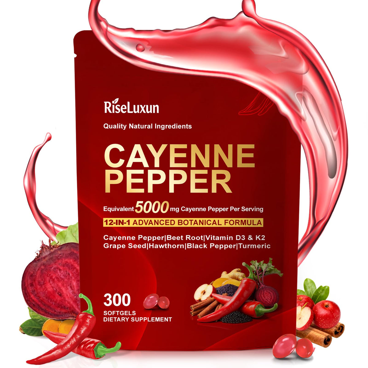 RiseLuxun 12-in-1 Cayenne Pepper capsules bottle for daily wellness balance