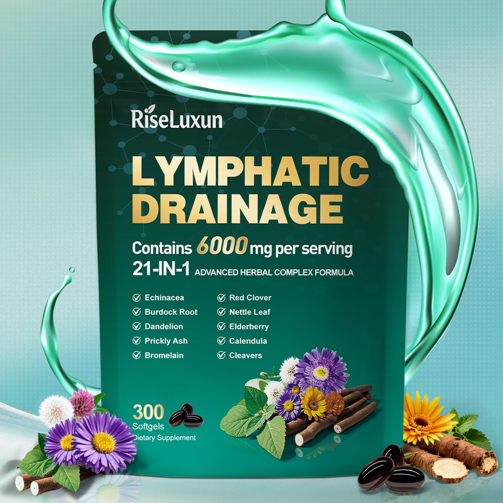 RiseLuxun 21-in-1 lymphatic supplement bottle for daily wellness support