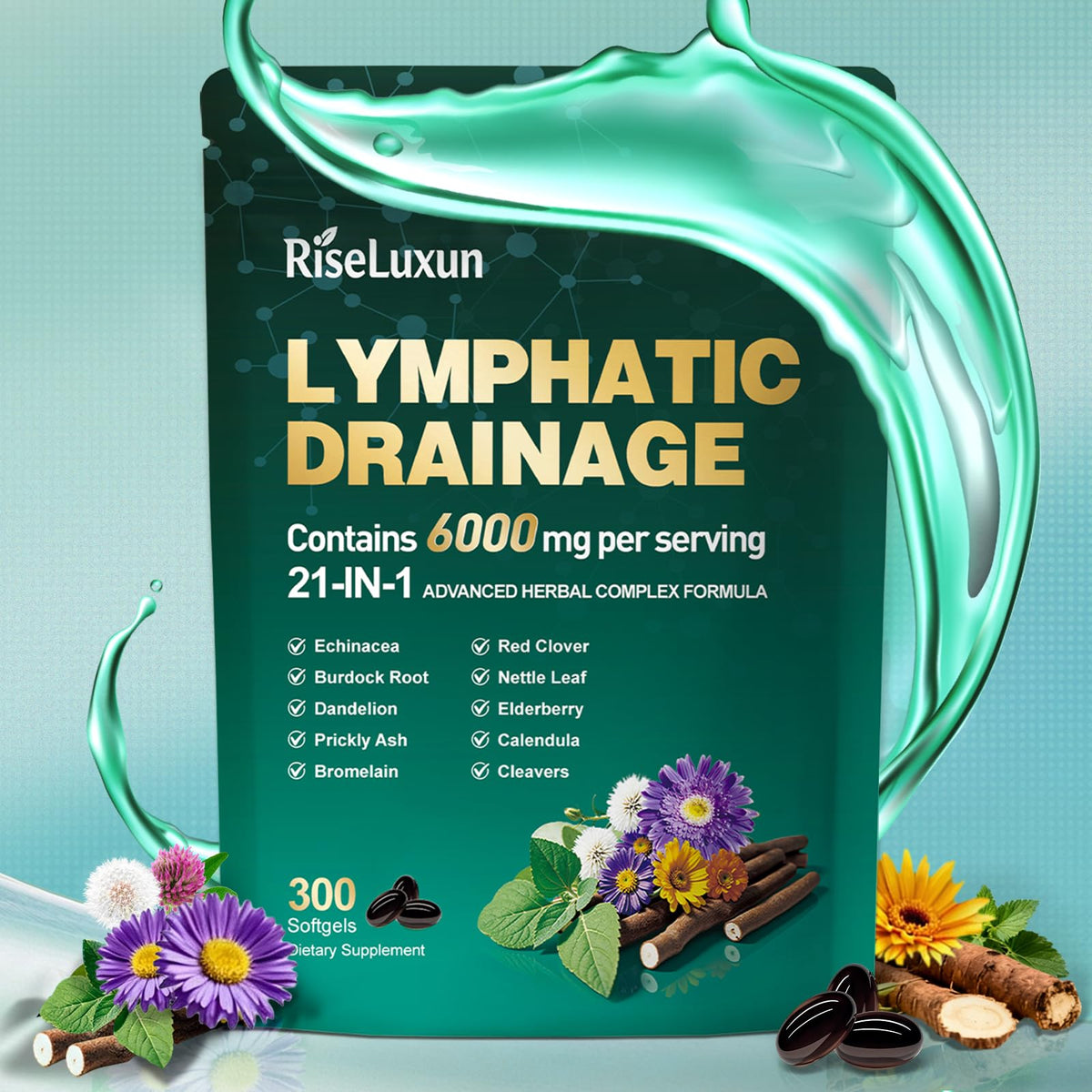 RiseLuxun 21-in-1 lymphatic supplement bottle for daily wellness support