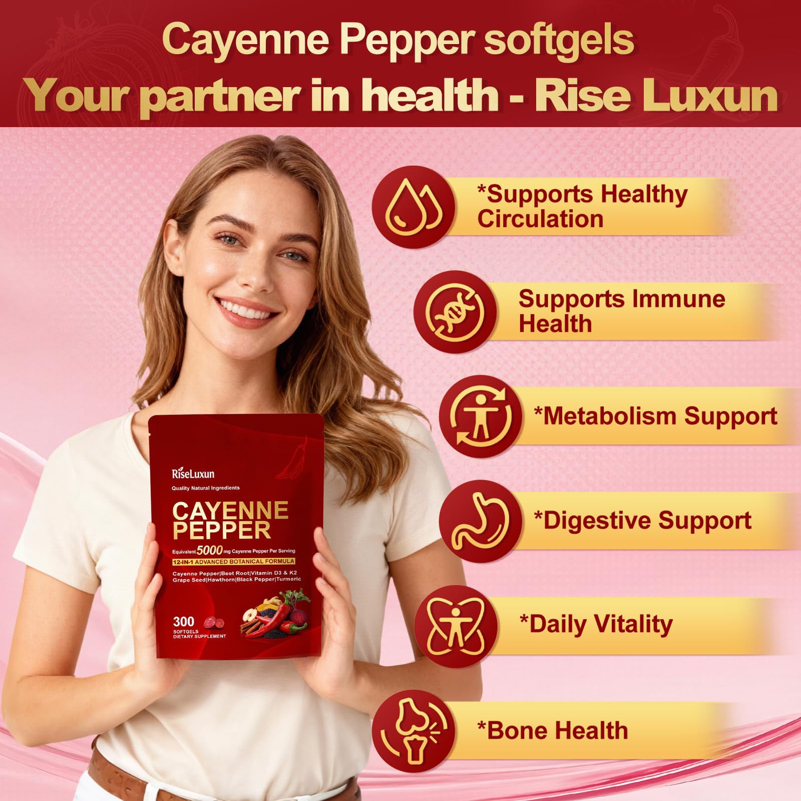 RiseLuxun cayenne pepper extract softgels close-up emphasizing easy daily capsules