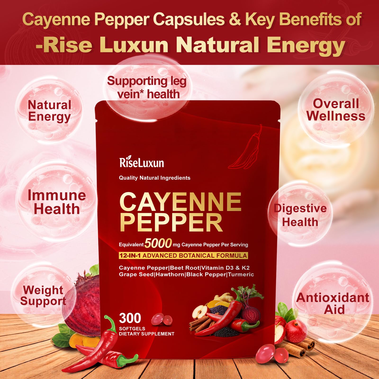RiseLuxun hawthorn berry beetroot turmeric capsules showing vibrant botanical blend