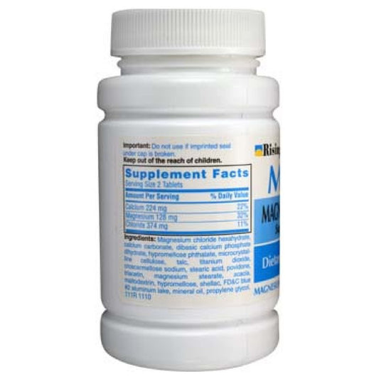 Rising Mag64 bottle back-label shows ingredients and usage for supporting muscle function.