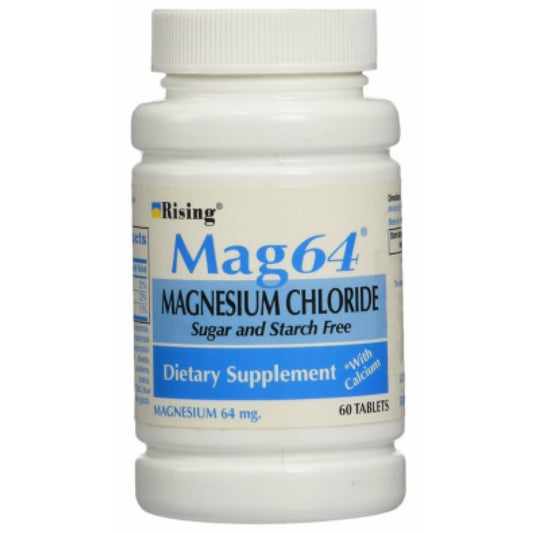Rising Mag64 magnesium chloride bottle front with clear label for daily mineral support.