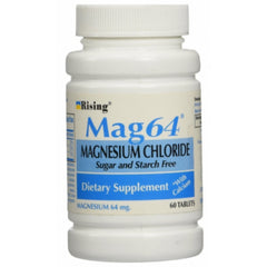Rising Mag64 magnesium chloride bottle front with clear label for daily mineral support.