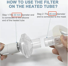 Filter connected between mask and hose for climate-controlled tubing.