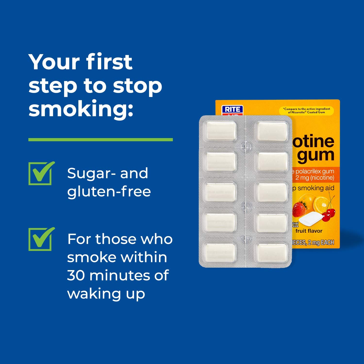 Rite Aid nicotine gum 2mg fruit flavor blister pack emphasizes dosage accessibility.
