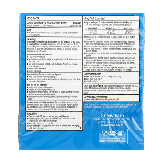 Rite Aid nicotine gum Ice Mint 4 mg pack back shows large 100-count supply