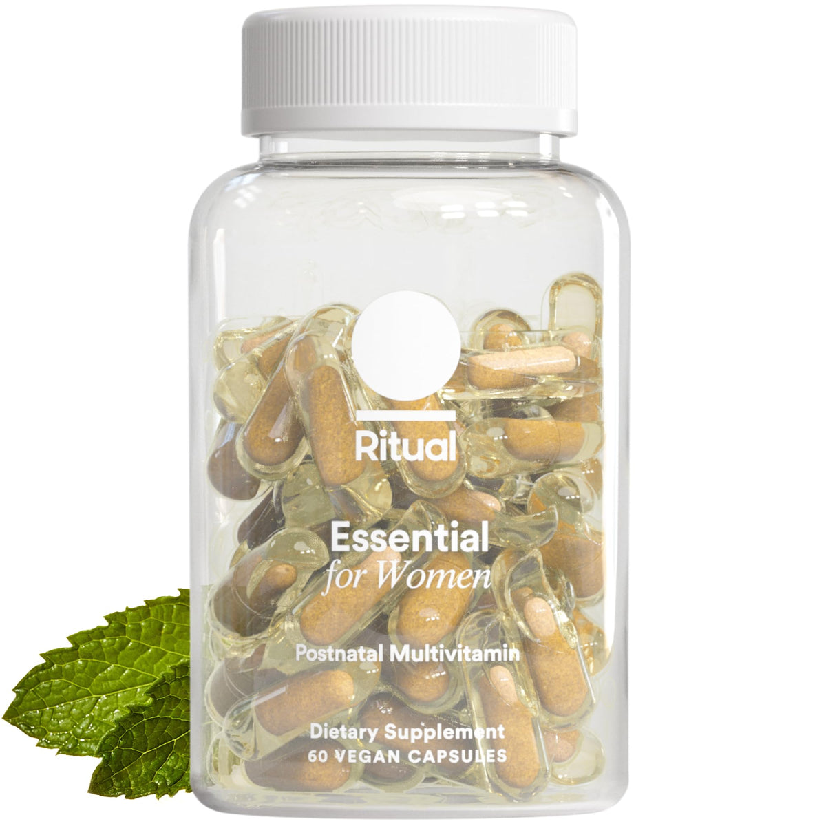 Ritual Essential Postnatal Multivitamin bottle close-up highlighting omega-3 DHA and vegan formula