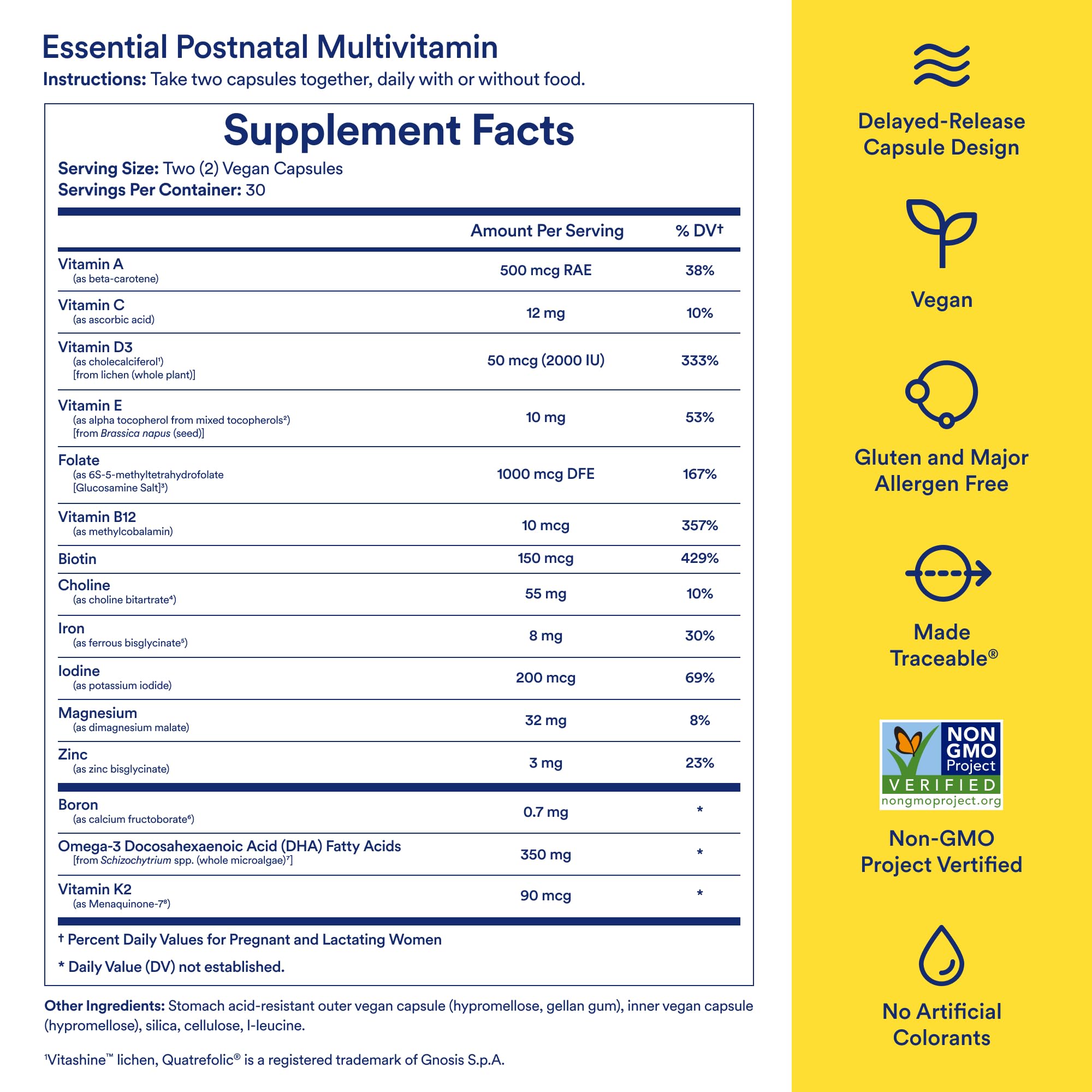 Front label of Ritual Essential Postnatal Multivitamin with clear ingredients