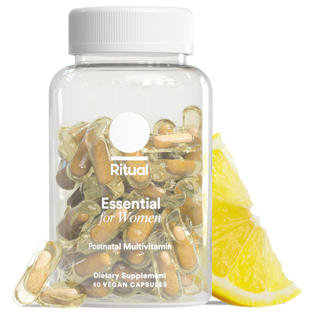 Ritual Essential Postnatal Multivitamin bottle with citrus tab for daily lactation support