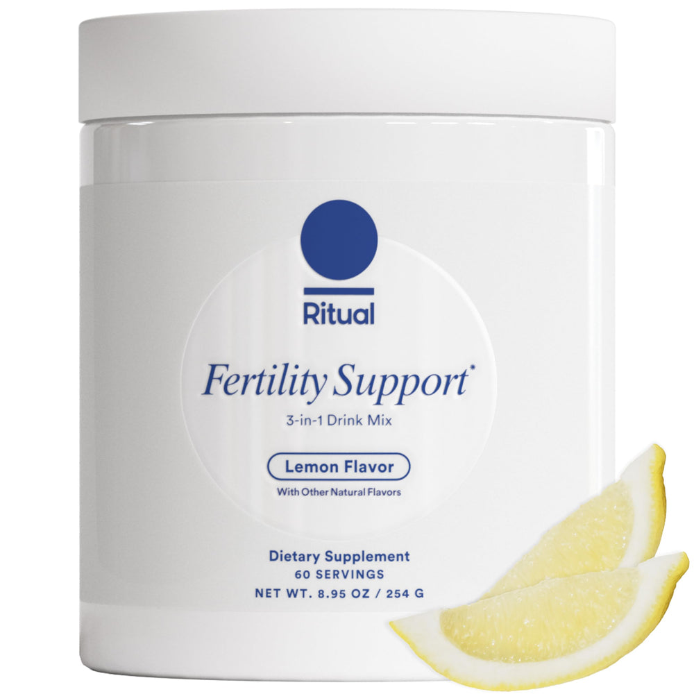Ritual Fertility Support bottle-pour showing lemon-flavored drink for daily use.