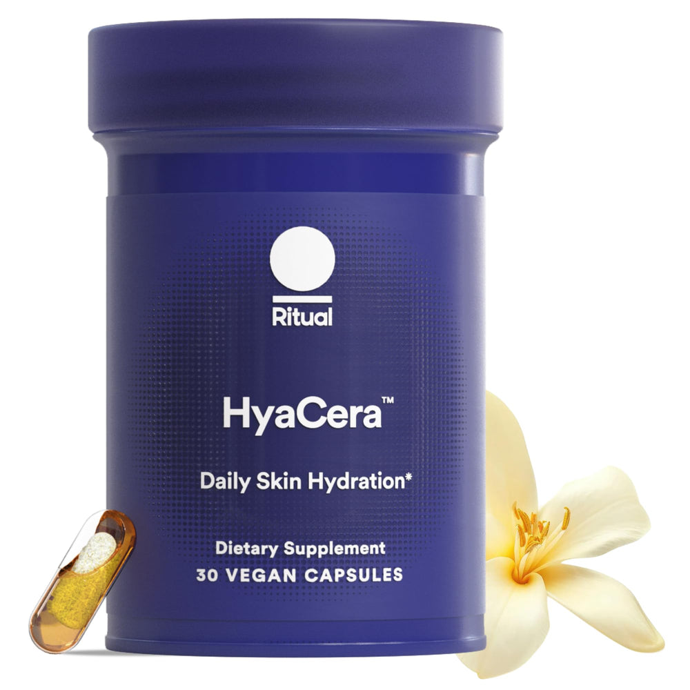 Ritual HyaCera capsules shown for wrinkle support and hydration benefits.