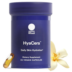 Ritual HyaCera capsules shown for wrinkle support and hydration benefits.