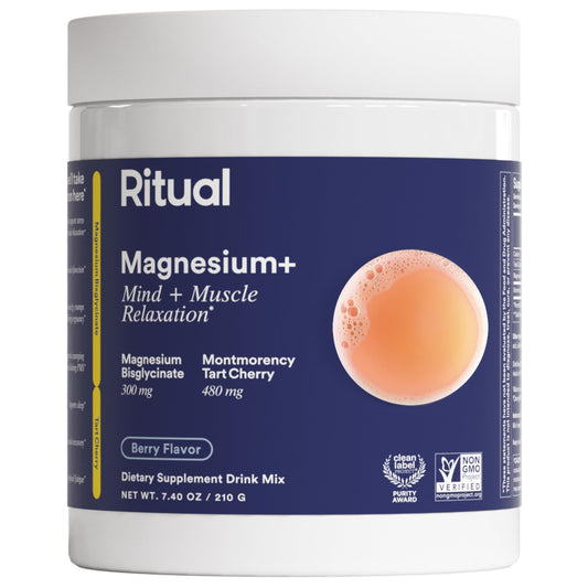 Ritual Magnesium+ Drink Mix bottle on kitchen counter showing convenient daily wellness support.