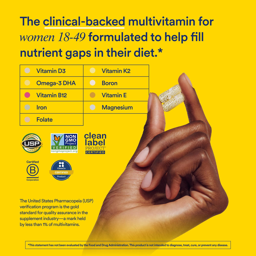Ritual multivitamin women 18+ capsules closeup, omega-3 DHA highlight