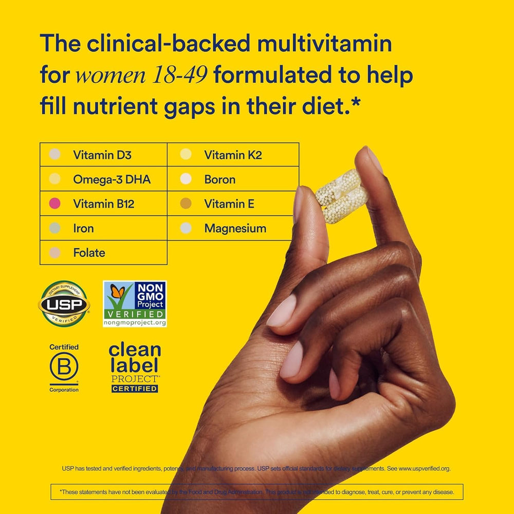 Ritual multivitamin capsules for women 18+ — close-up highlights omega-3 DHA content.