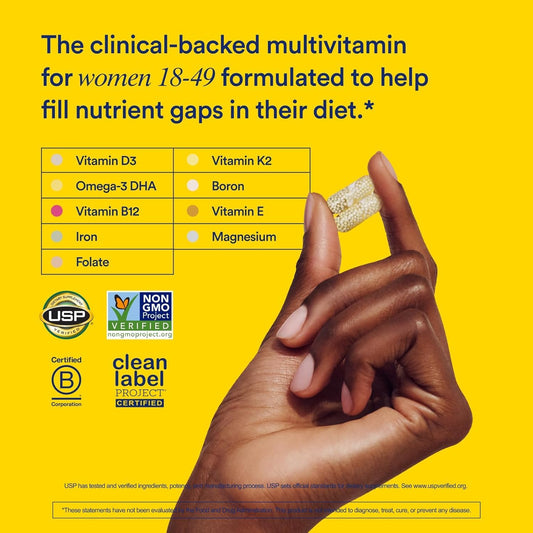 Ritual multivitamin capsules for women 18+ — close-up highlights omega-3 DHA content.