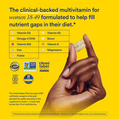 Ritual multivitamin women 18+ capsules closeup, omega-3 DHA highlight