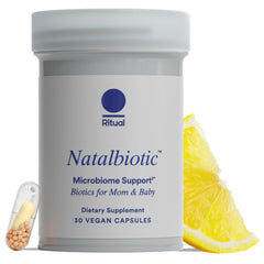 Ritual Natalbiotic bottle front showing vegan, non-GMO packaging for mom and baby.