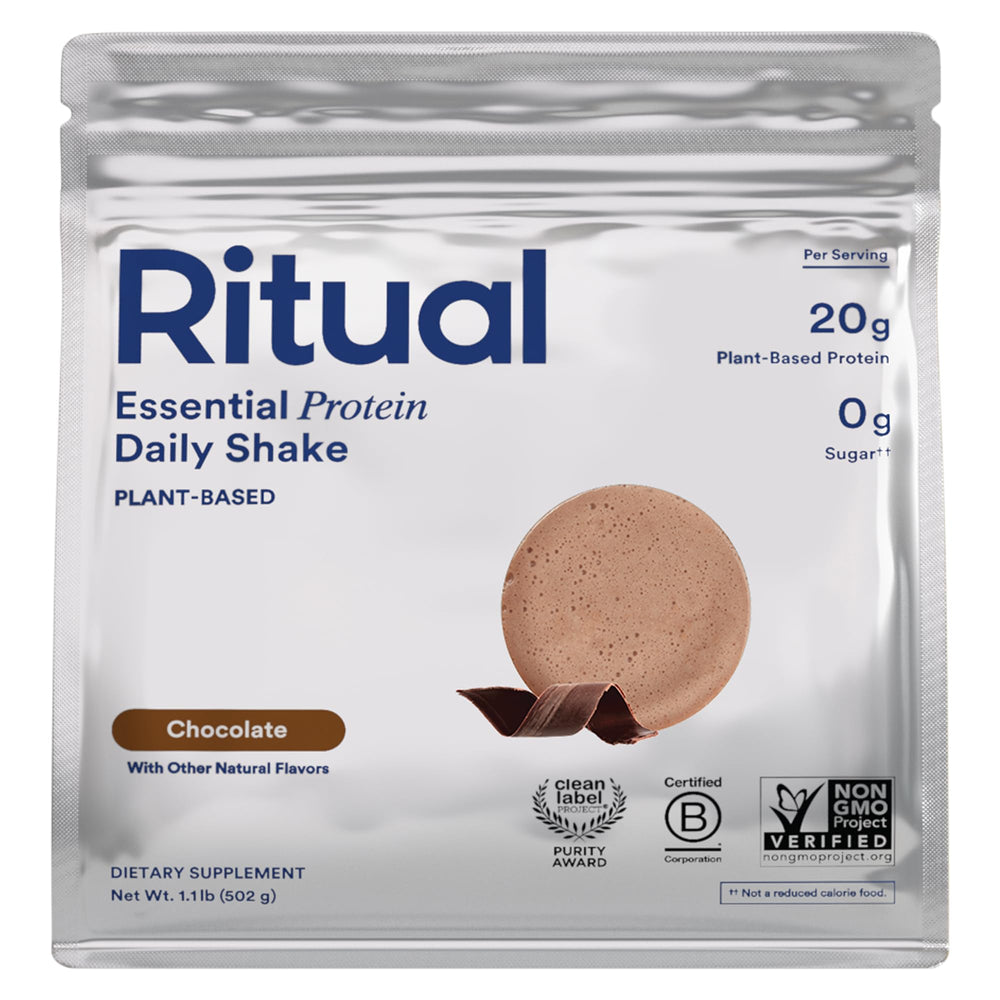 Ritual Pea Protein Powder Chocolate canister shows 20g vegan protein per serving