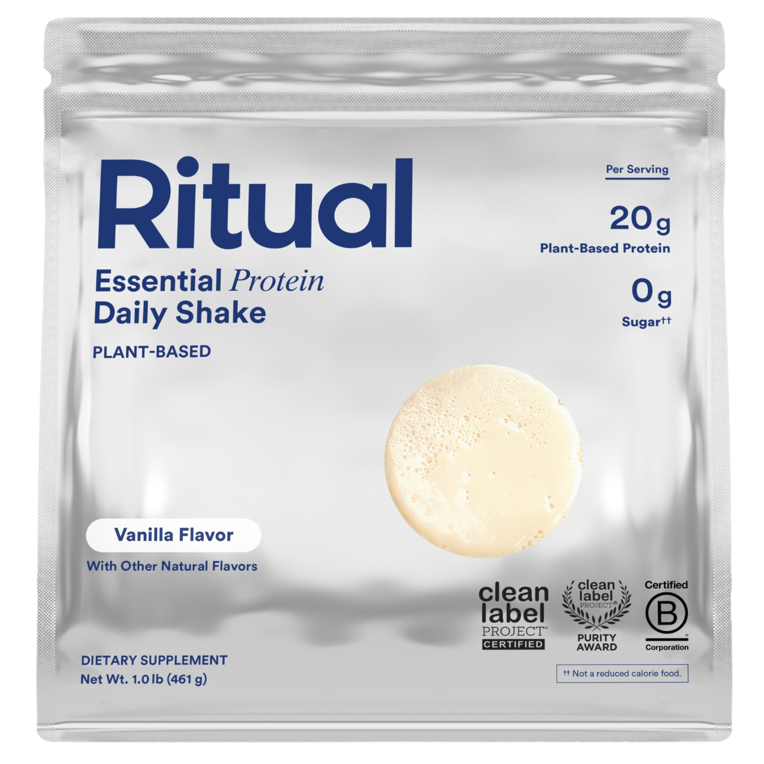 Ritual pea protein powder vanilla bottle showing clean, plant-based protein from regenerative North American farms.
