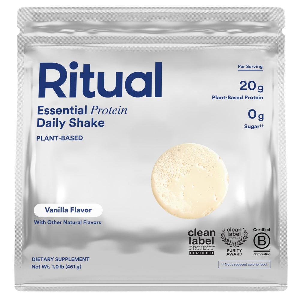 Ritual pea protein powder vanilla bottle showing clean, plant-based protein from regenerative North American farms.